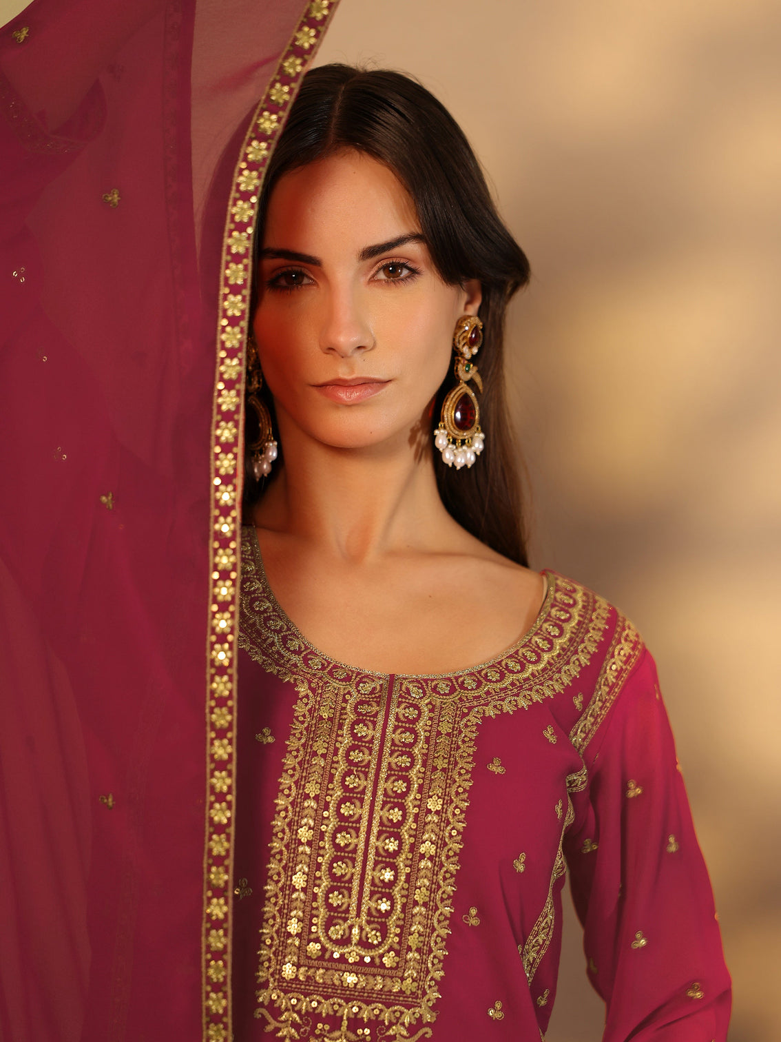 Mameraa Pink Embroidered Georgette Suit Set With Dupatta