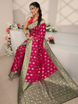 Libas Art Pink Ethnic Woven Design Satin Saree With Unstitched Blouse Piece