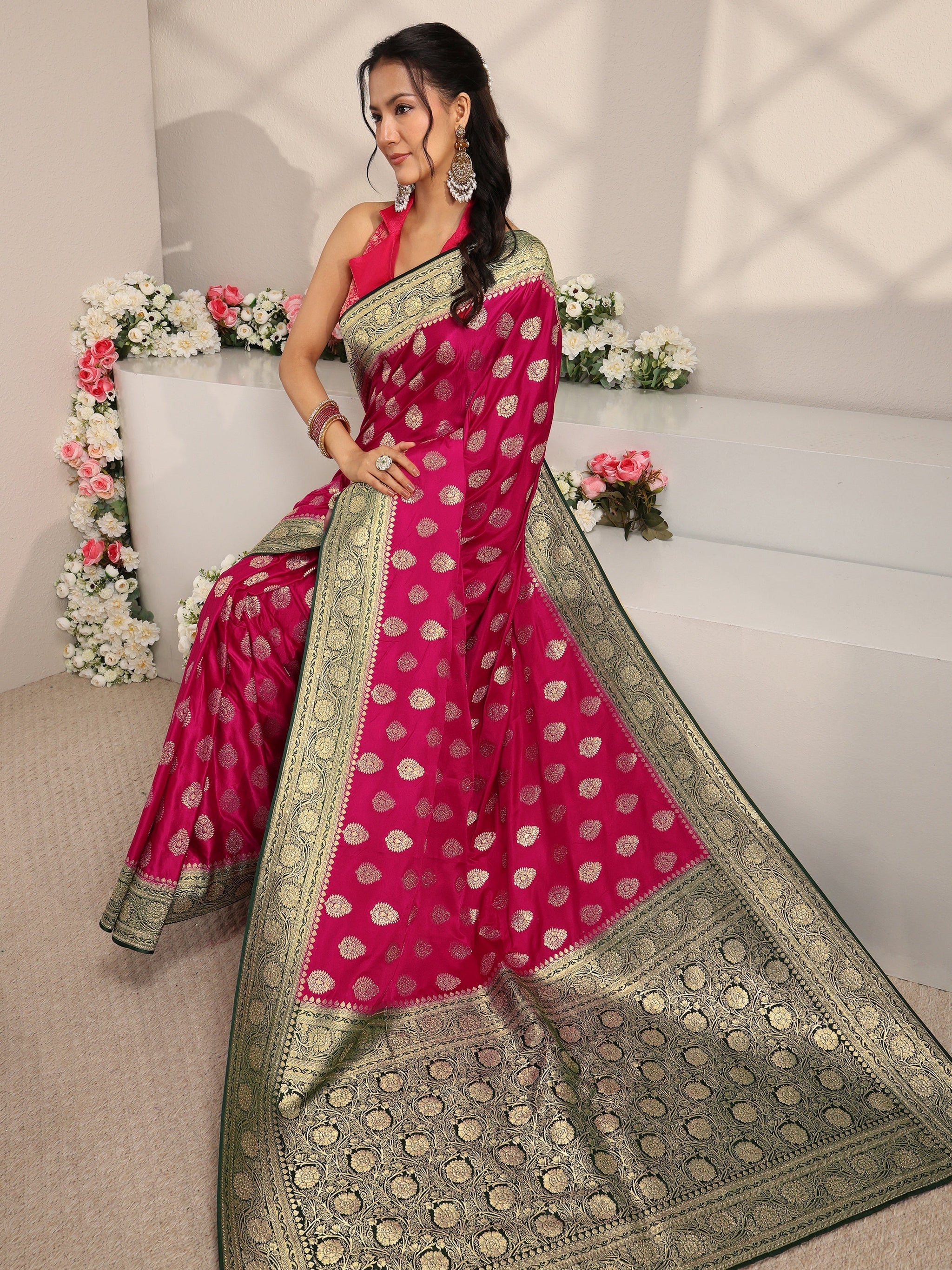 Libas Art Pink Ethnic Woven Design Satin Saree With Unstitched Blouse Piece