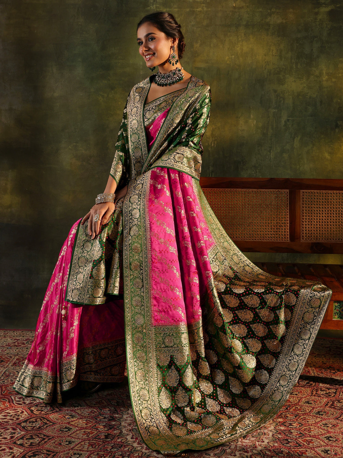 Mameraa Art Pink Gharchola Satin Saree With Unstitched Blouse Piece