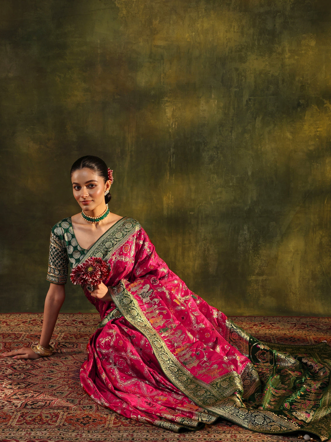 Mameraa Art Pink Gharchola Woven Design Satin Saree With Unstitched Blouse Piece