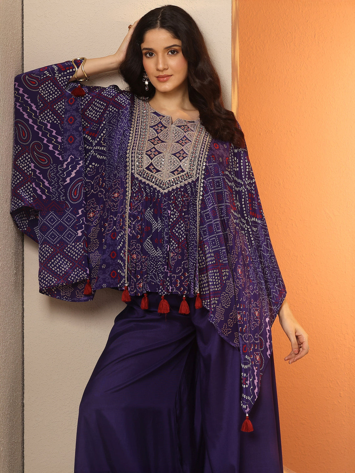 Mameraa Purple Bandhani Printed A-Line Kurta Set