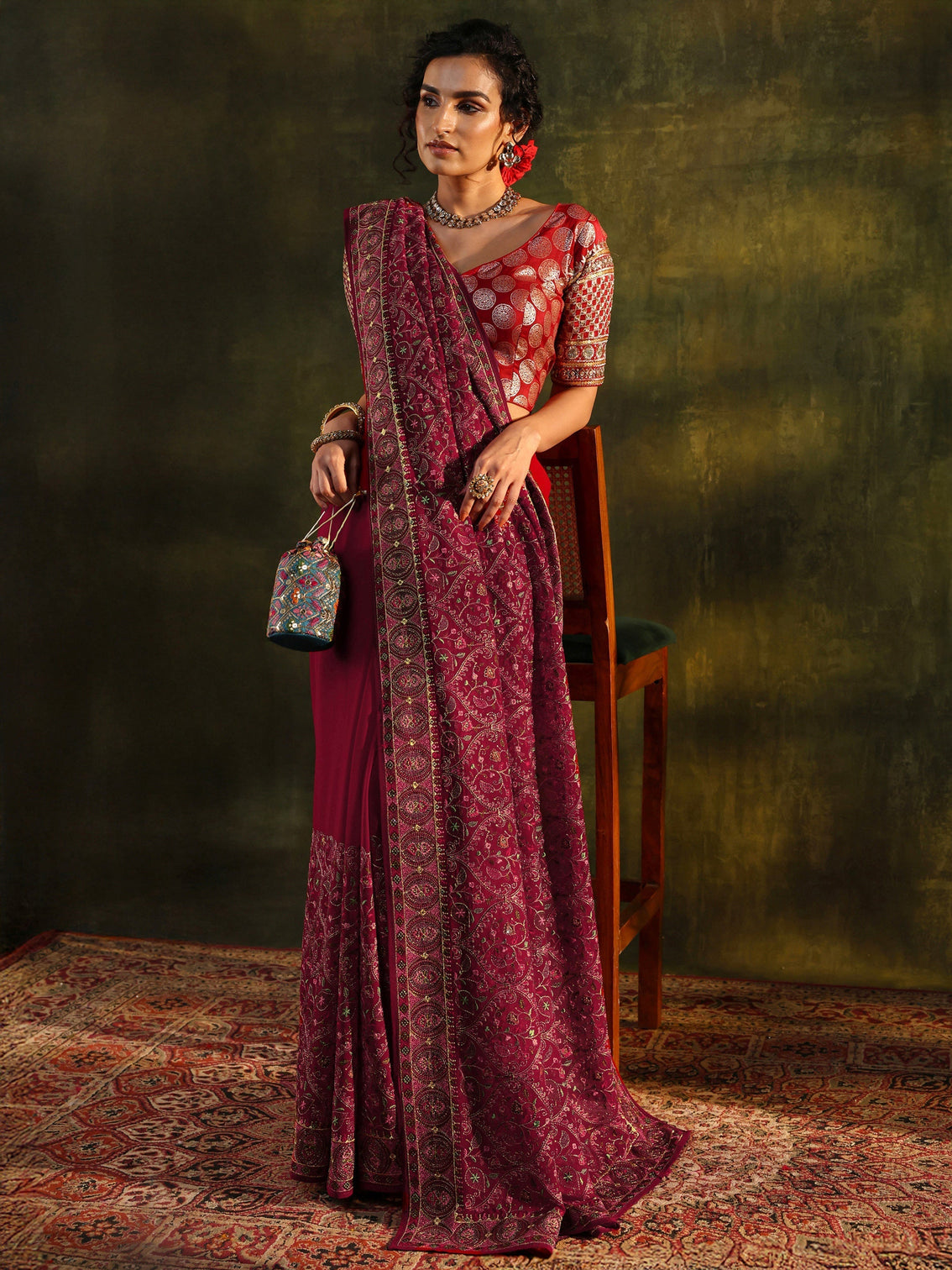 Mameraa Art Red Jamawar Embroidered Georgette Saree With Unstitched Blouse Piece