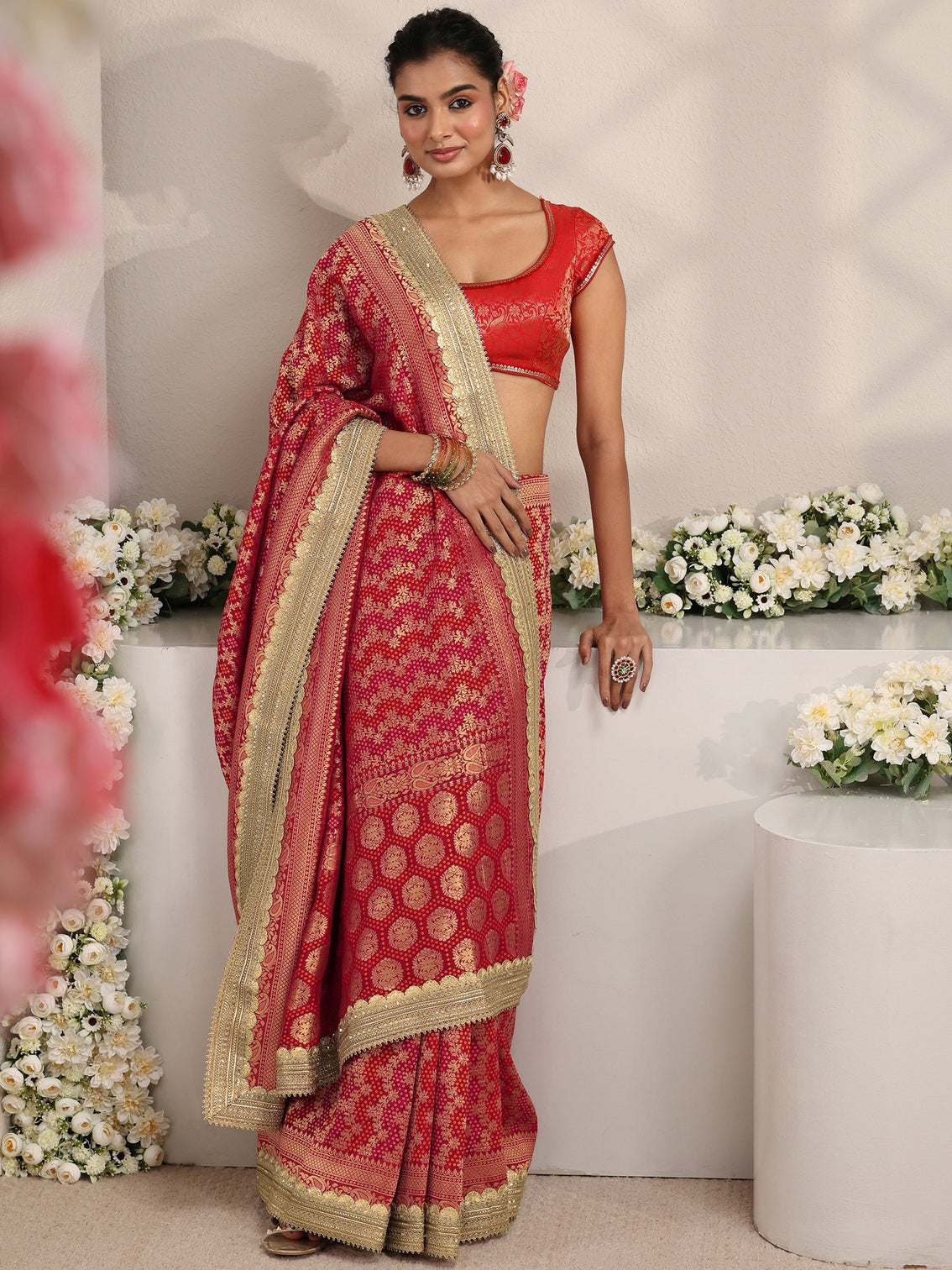 Mameraa Art Red Woven Design Satin Saree With Unstitched Blouse Piece