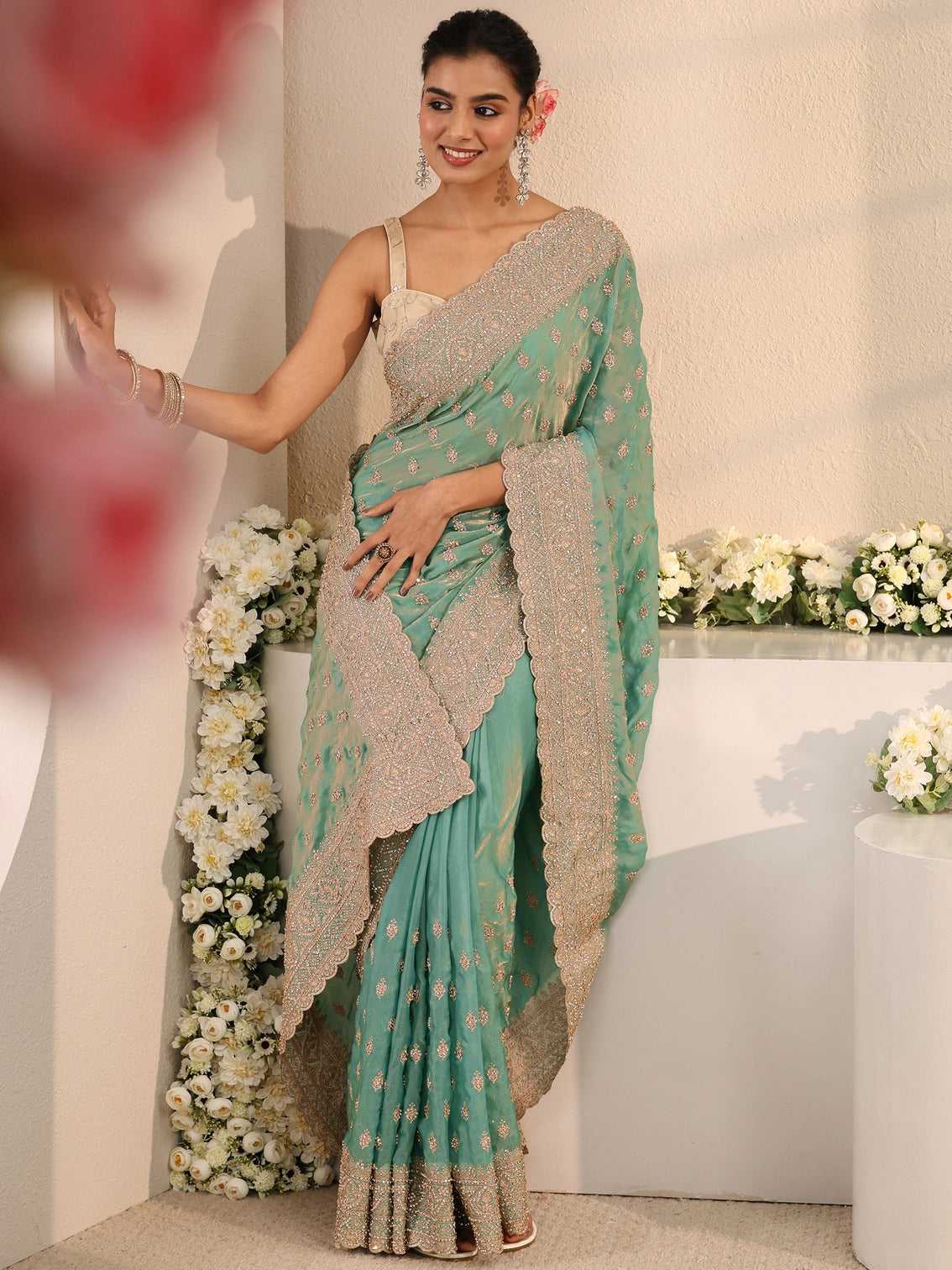 Mameraa Art Sea Green Embellished Tissue Saree With Unstitched Blouse Piece
