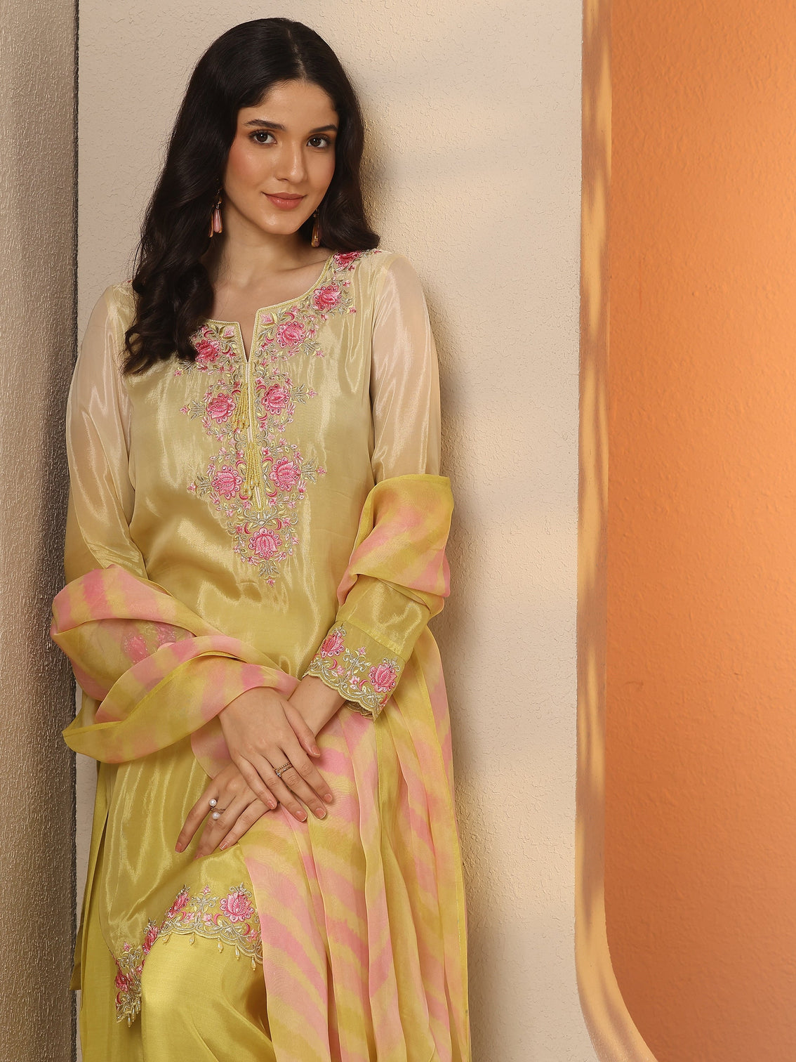 Mameraa Yellow Embroidered Crepe Straight Suit Set With Dupatta