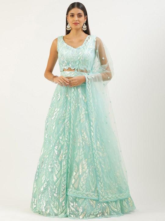 Light Blue color net Sequined flared lehenga choli with belt