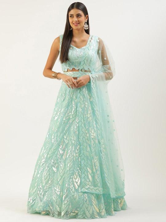 Light Blue color net Sequined flared lehenga choli with belt