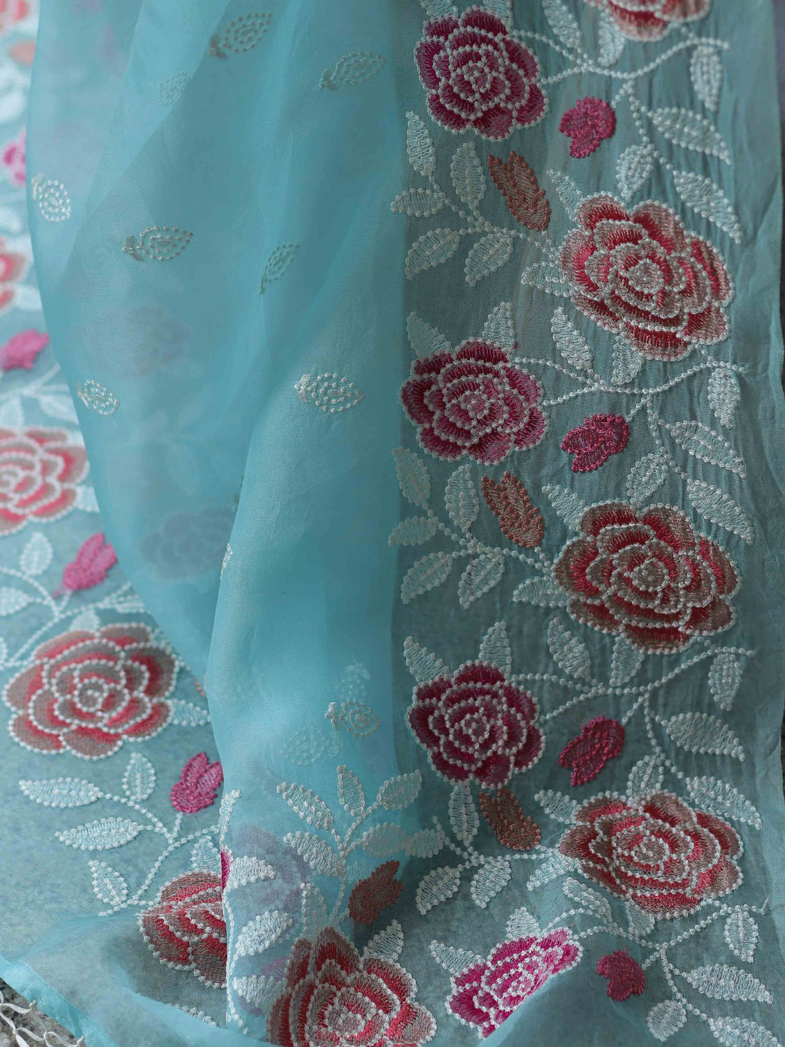 Light Blue Organza Silk Saree with Resham Floral Embroidery