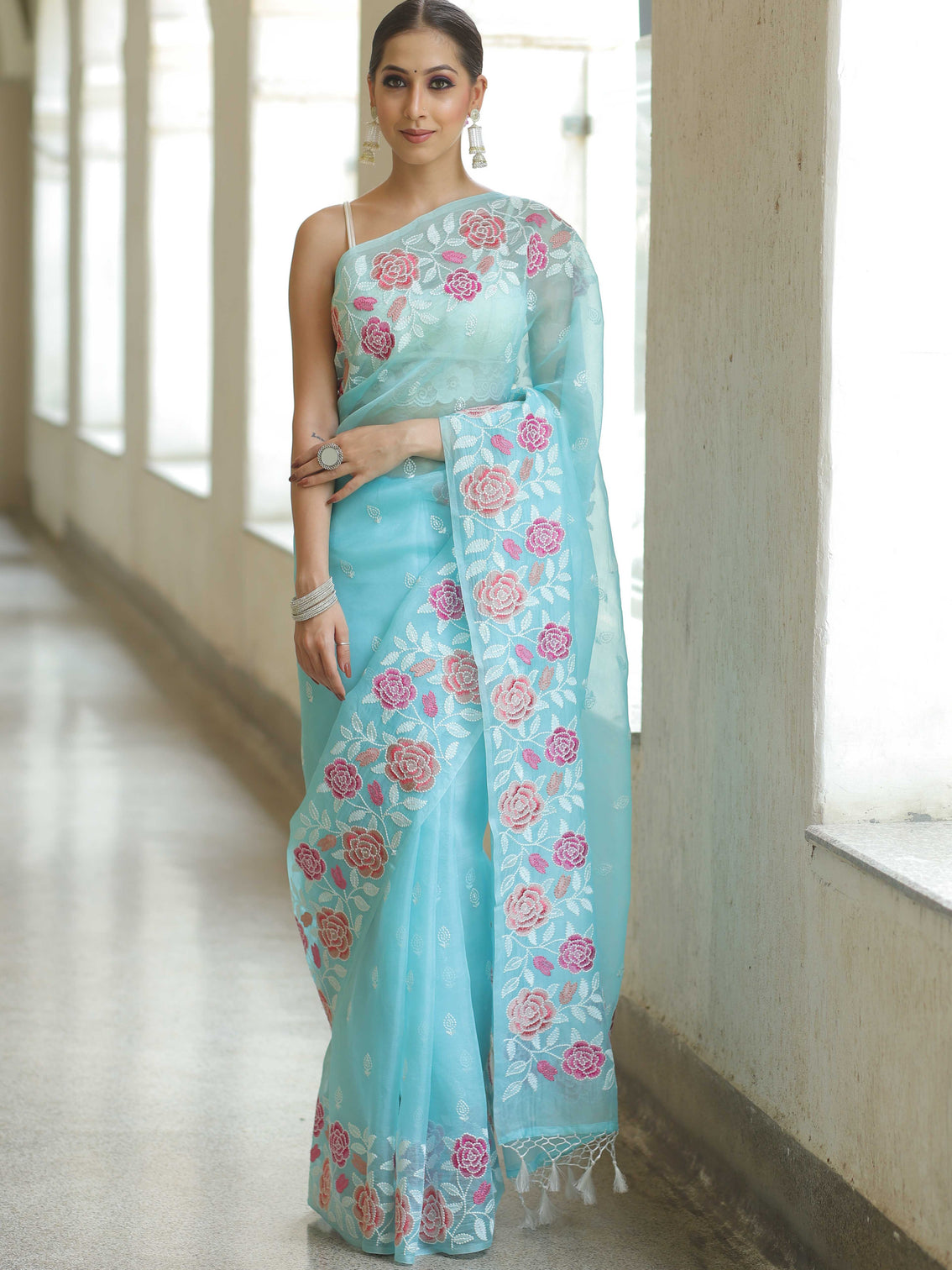 Light Blue Organza Silk Saree with Resham Floral Embroidery
