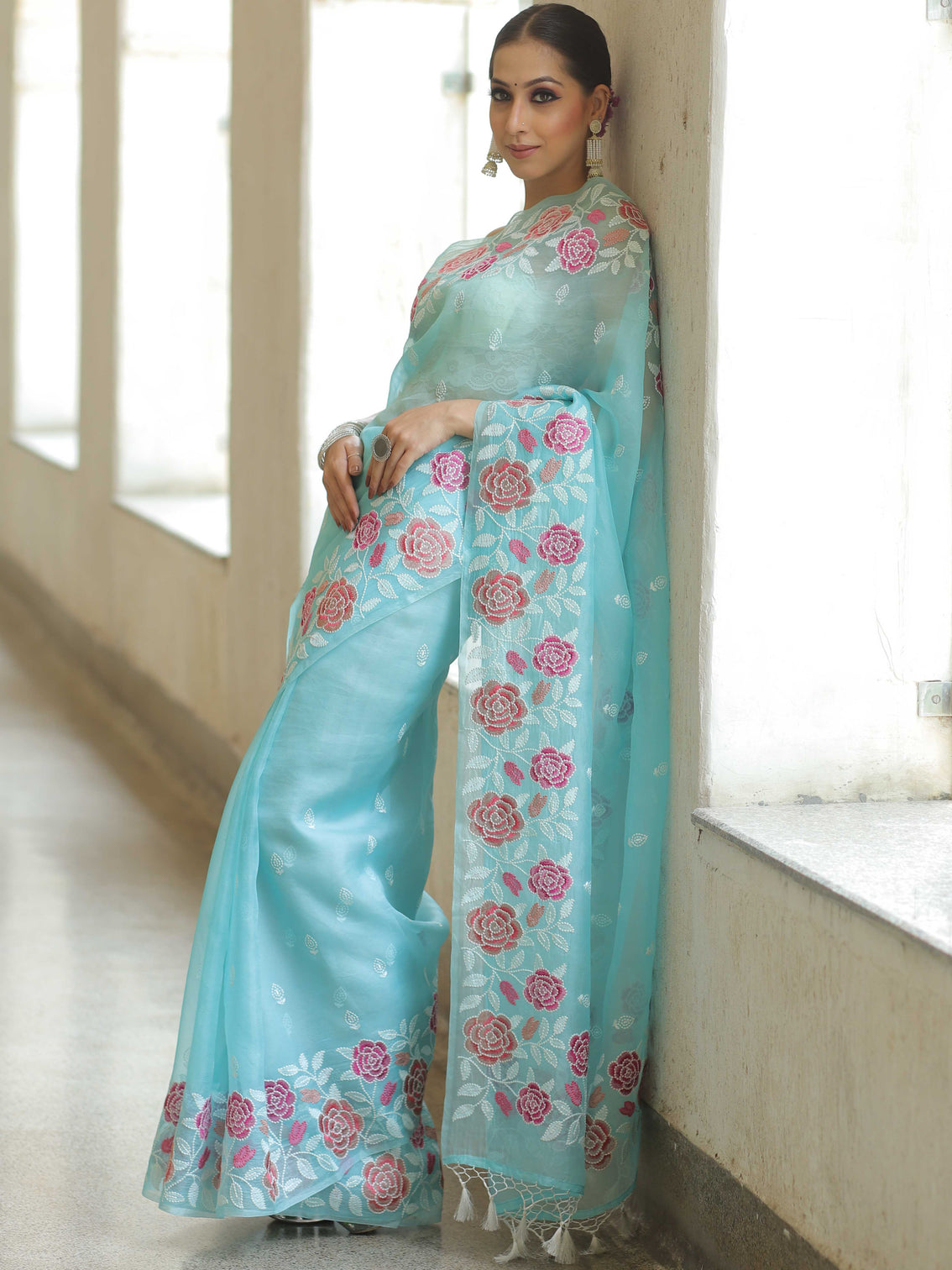 Light Blue Organza Silk Saree with Resham Floral Embroidery