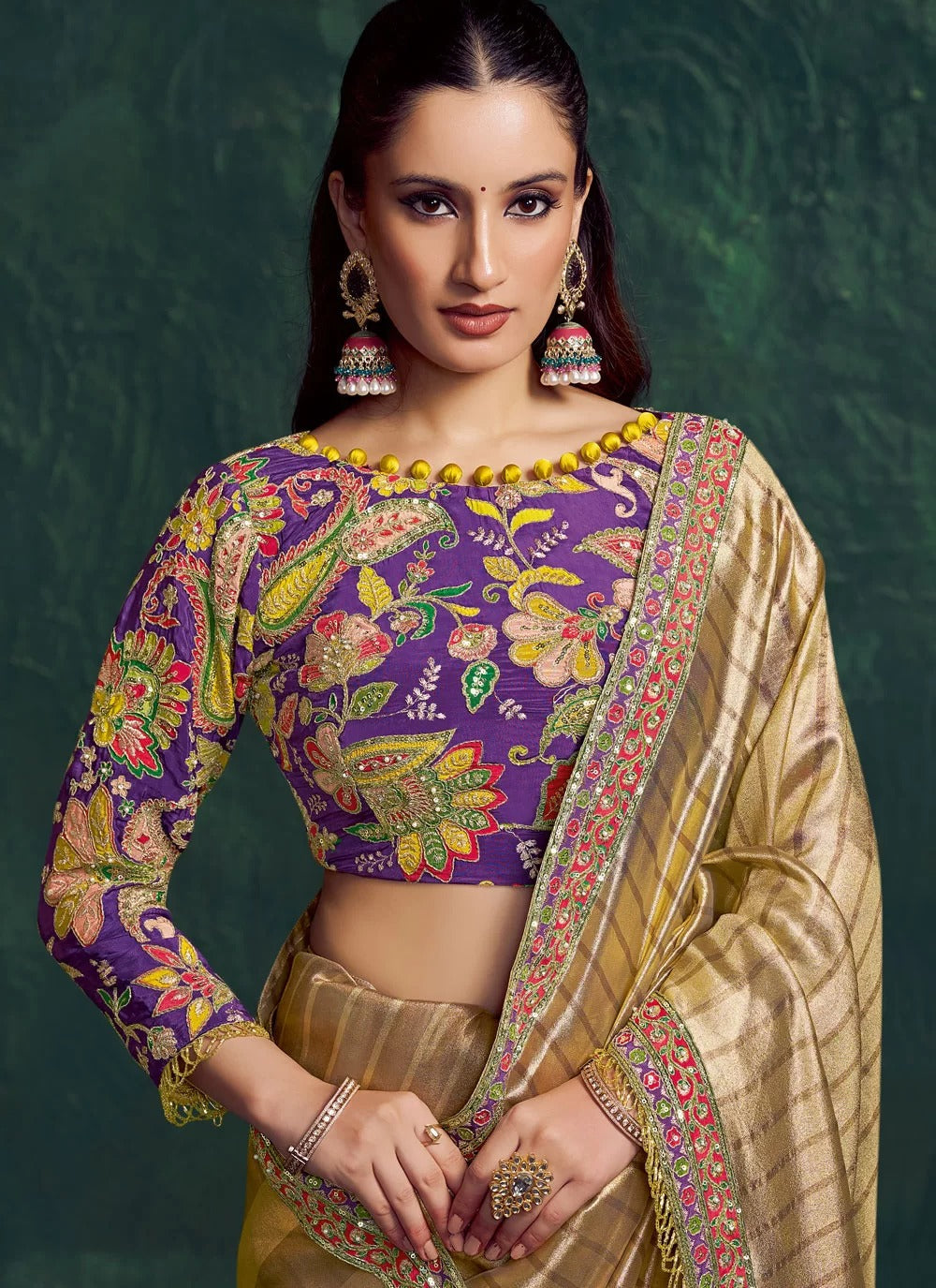 Opulent light golden kanjivaram bridal saree in zari tissue silk