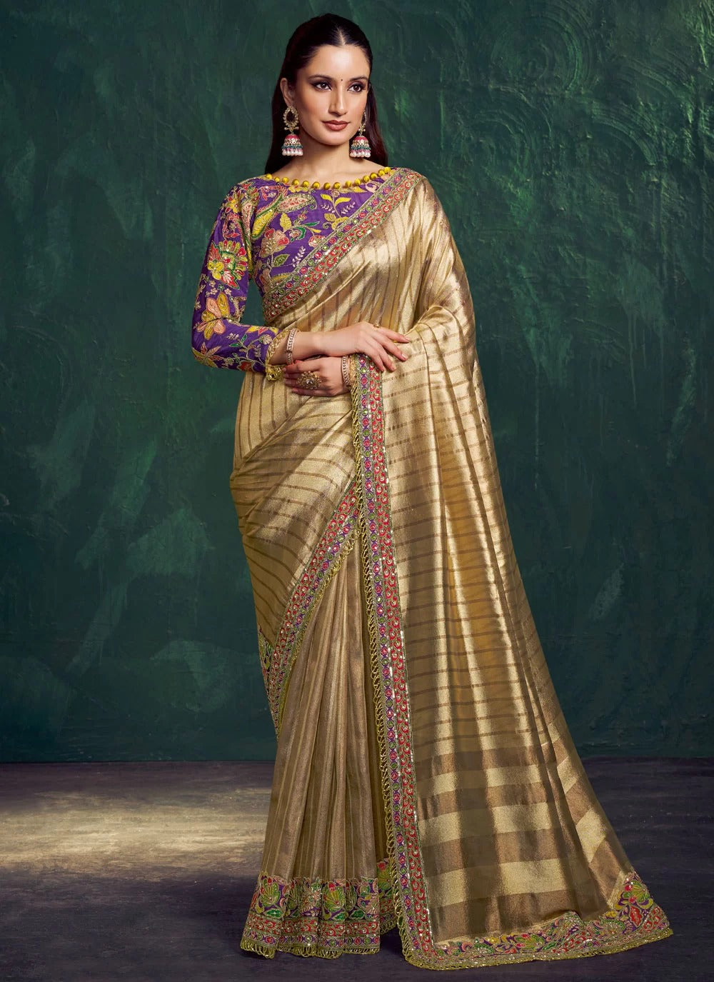 Opulent light golden kanjivaram bridal saree in zari tissue silk