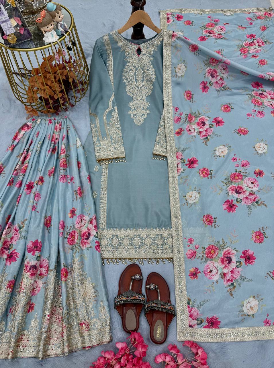 Light Gray Elegant Heavy Chinon Silk Embroidered Palazzo Set with Fancy Tassels & Dupatta