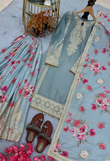 Light Gray Elegant Heavy Chinon Silk Embroidered Palazzo Set with Fancy Tassels & Dupatta