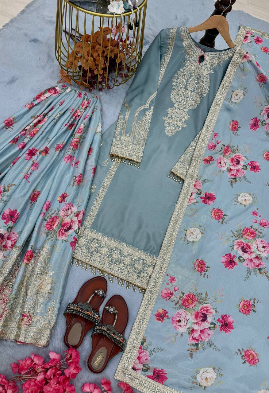 Light Gray Elegant Heavy Chinon Silk Embroidered Palazzo Set with Fancy Tassels & Dupatta