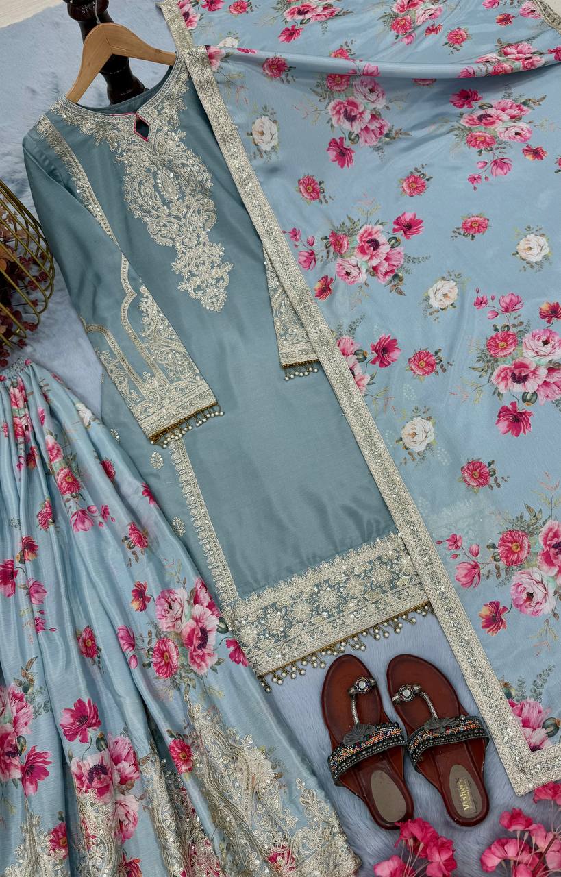 Light Gray Elegant Heavy Chinon Silk Embroidered Palazzo Set with Fancy Tassels & Dupatta