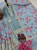 Light Gray Elegant Heavy Chinon Silk Embroidered Palazzo Set with Fancy Tassels & Dupatta
