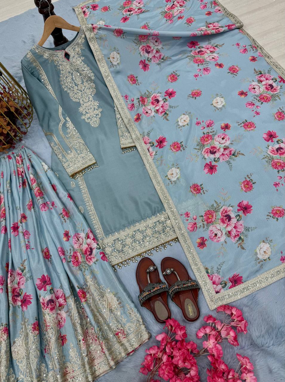 Light Gray Elegant Heavy Chinon Silk Embroidered Palazzo Set with Fancy Tassels & Dupatta