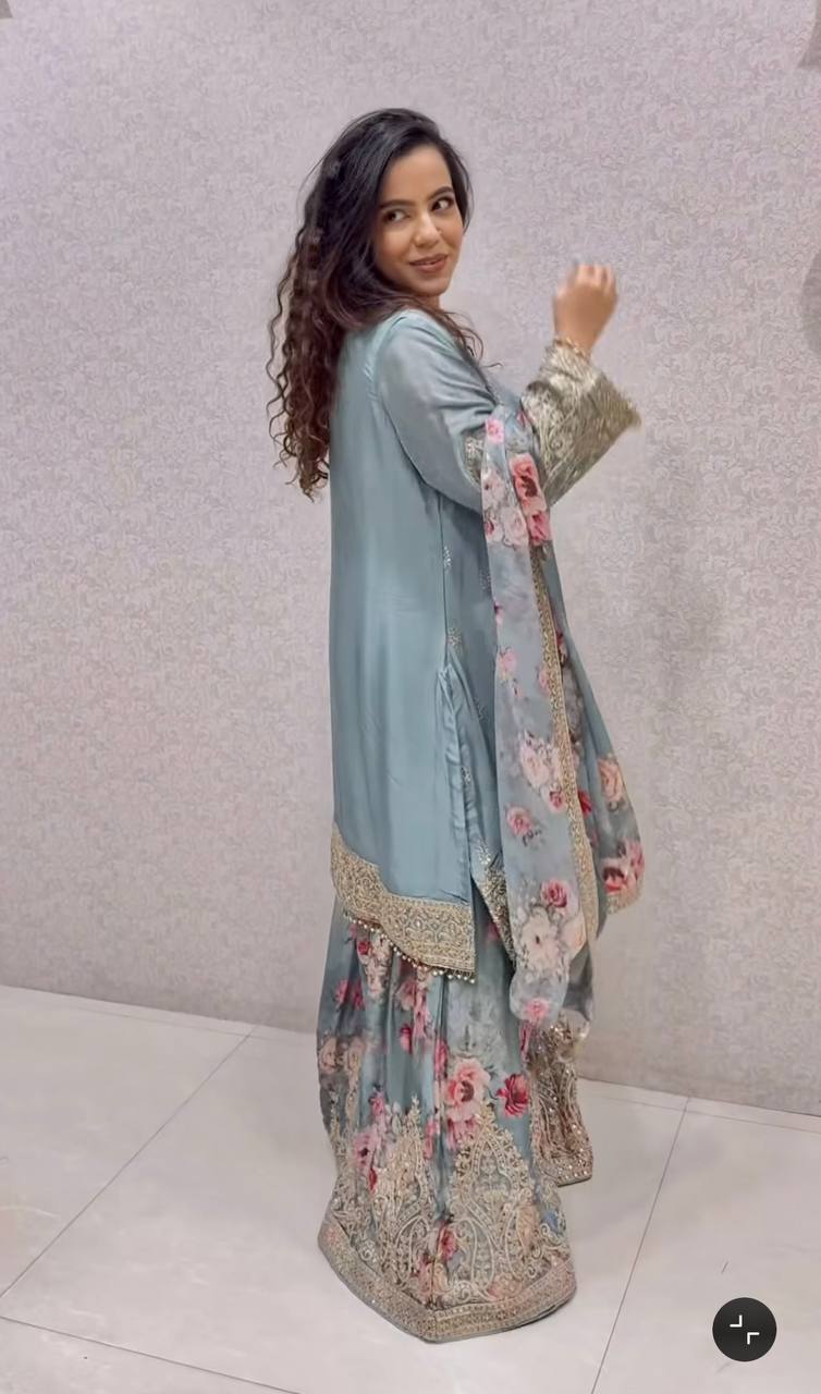 Light Gray Elegant Heavy Chinon Silk Embroidered Palazzo Set with Fancy Tassels & Dupatta