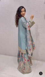 Light Gray Elegant Heavy Chinon Silk Embroidered Palazzo Set with Fancy Tassels & Dupatta