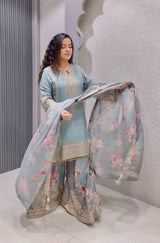 Light Gray Elegant Heavy Chinon Silk Embroidered Palazzo Set with Fancy Tassels & Dupatta