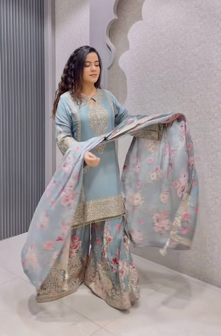 Light Gray Elegant Heavy Chinon Silk Embroidered Palazzo Set with Fancy Tassels & Dupatta