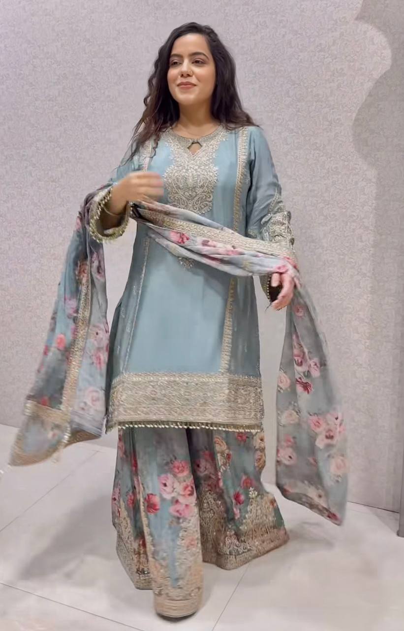 Light Gray Elegant Heavy Chinon Silk Embroidered Palazzo Set with Fancy Tassels & Dupatta