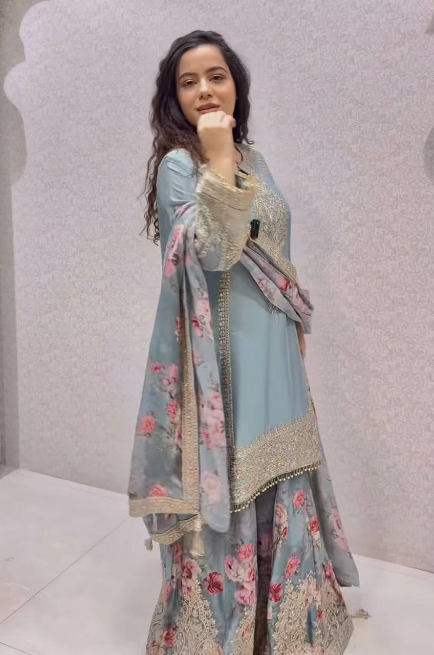 Light Gray Elegant Heavy Chinon Silk Embroidered Palazzo Set with Fancy Tassels & Dupatta