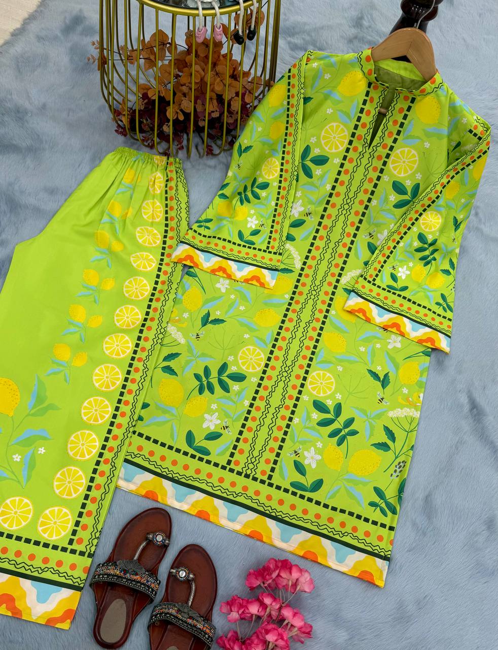 Light Green Elegant Pure Natural Crepe Digital Print Co-Ord Set Top & Plazzo – Fully Stitched