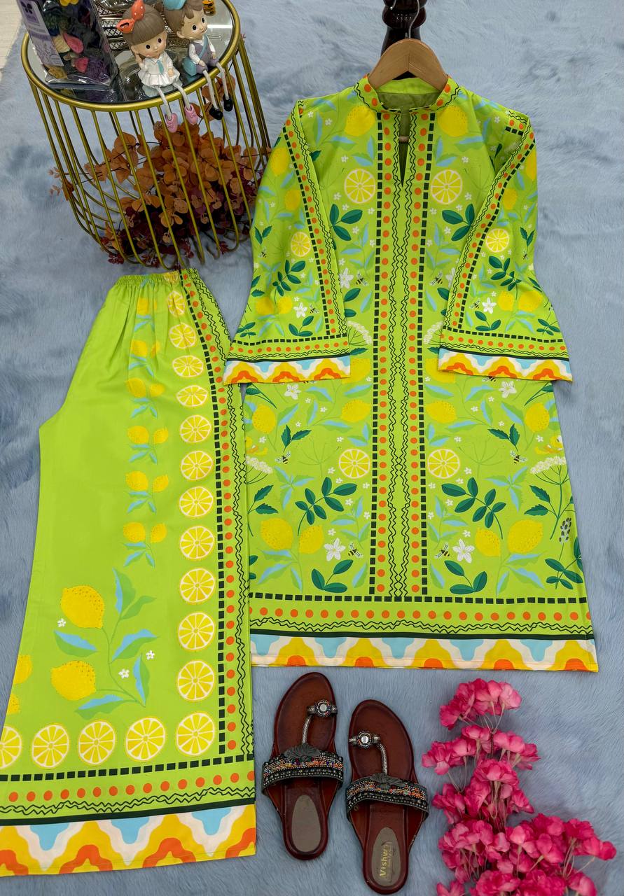 Light Green Elegant Pure Natural Crepe Digital Print Co-Ord Set Top & Plazzo – Fully Stitched