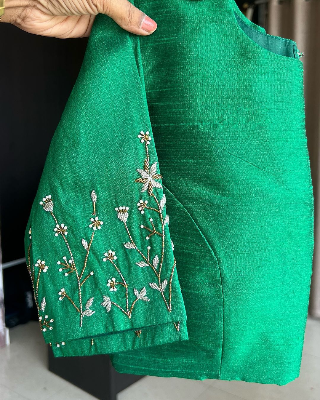 Light Green Elzara Silk Blouse with Beautiful Handwork on Sleeves