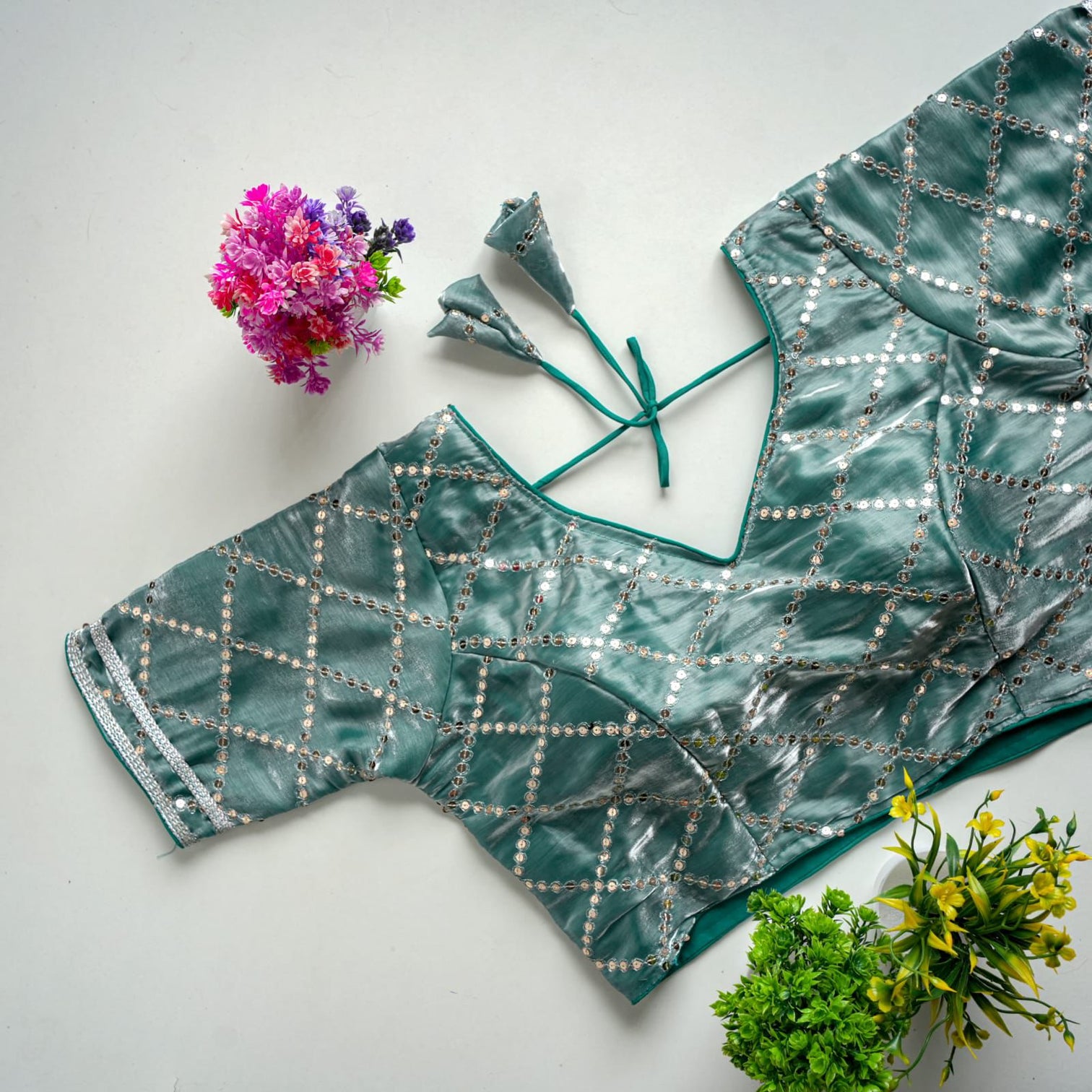 Light Green Metalic Blouse with Exquisite Sequence Embroidery