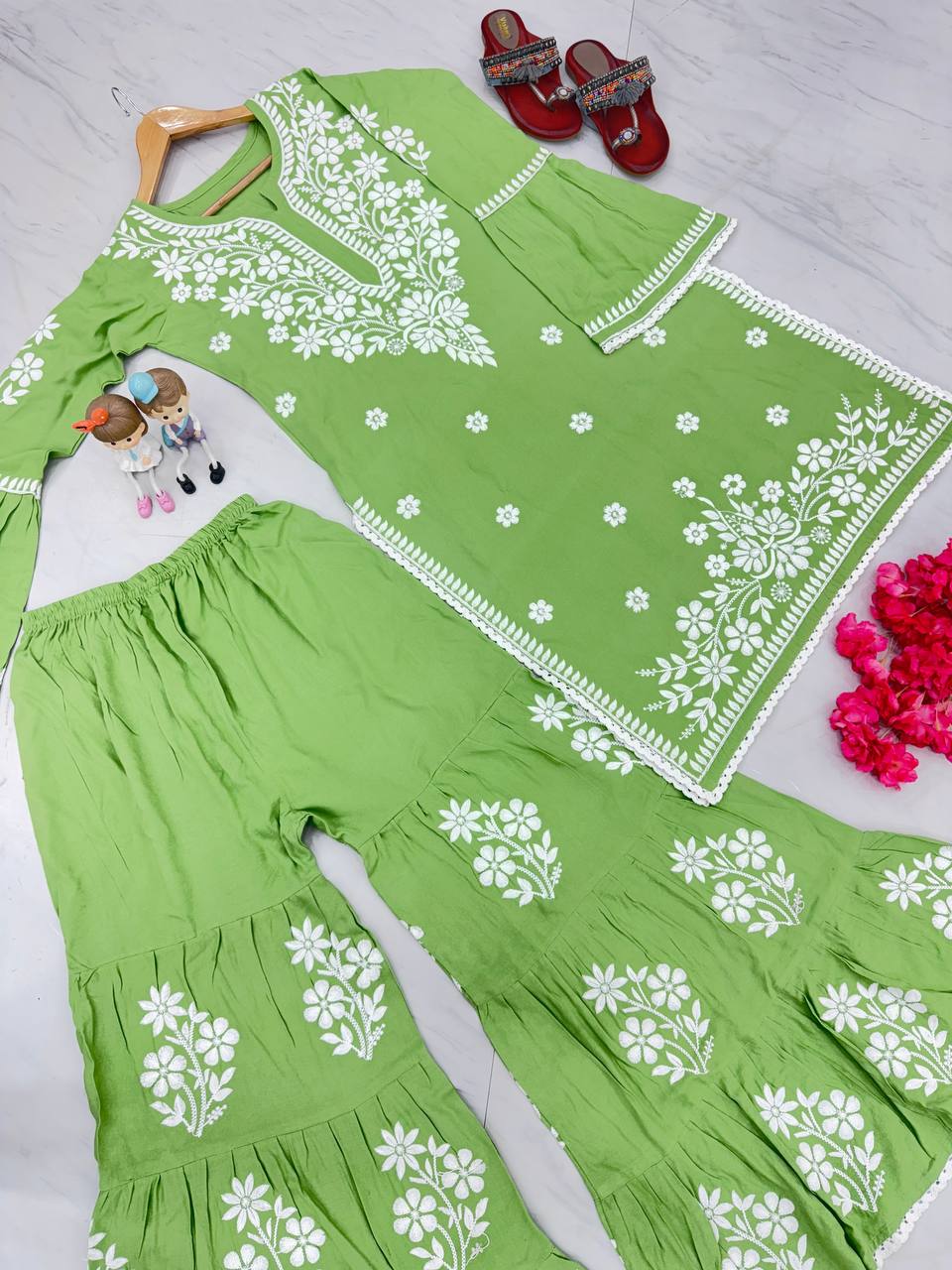 Light Green Premium Designer Rayon Top & Plazzo Set with Intricate Chickenkari Embroidery