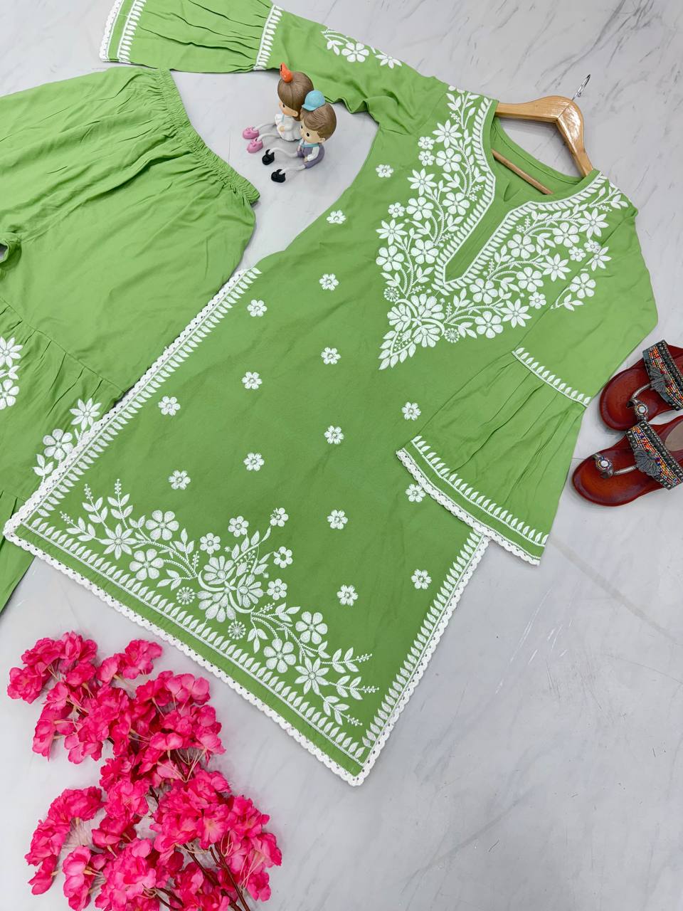 Light Green Premium Designer Rayon Top & Plazzo Set with Intricate Chickenkari Embroidery