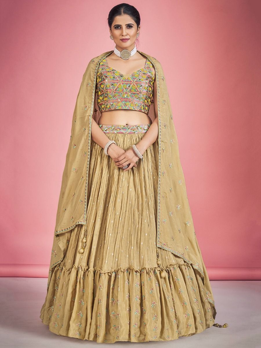 Light Orange Pakistani Georgette Lehenga Choli For Indian Festivals & Weddings - Thread Embroidery Work, Mirror Work