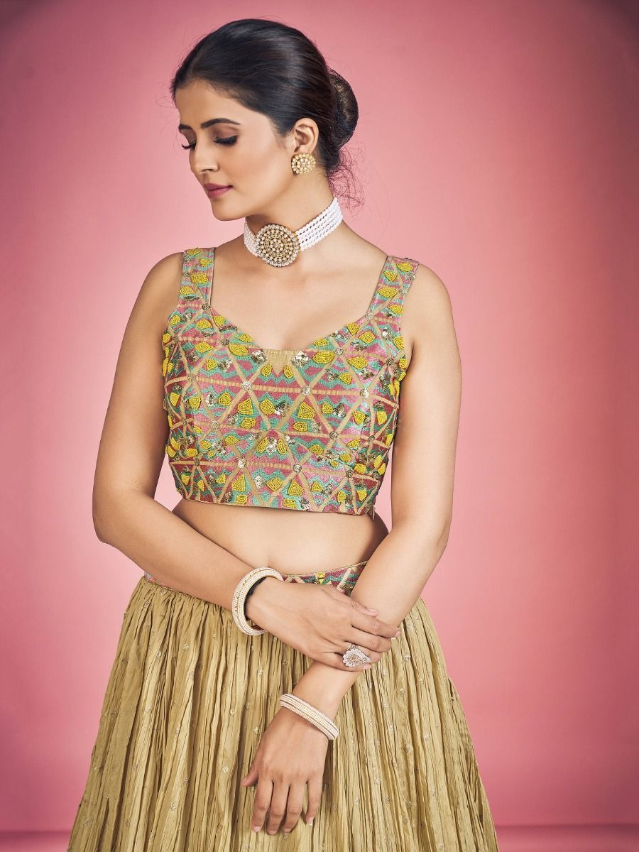 Light Orange Pakistani Georgette Lehenga Choli For Indian Festivals & Weddings - Thread Embroidery Work, Mirror Work
