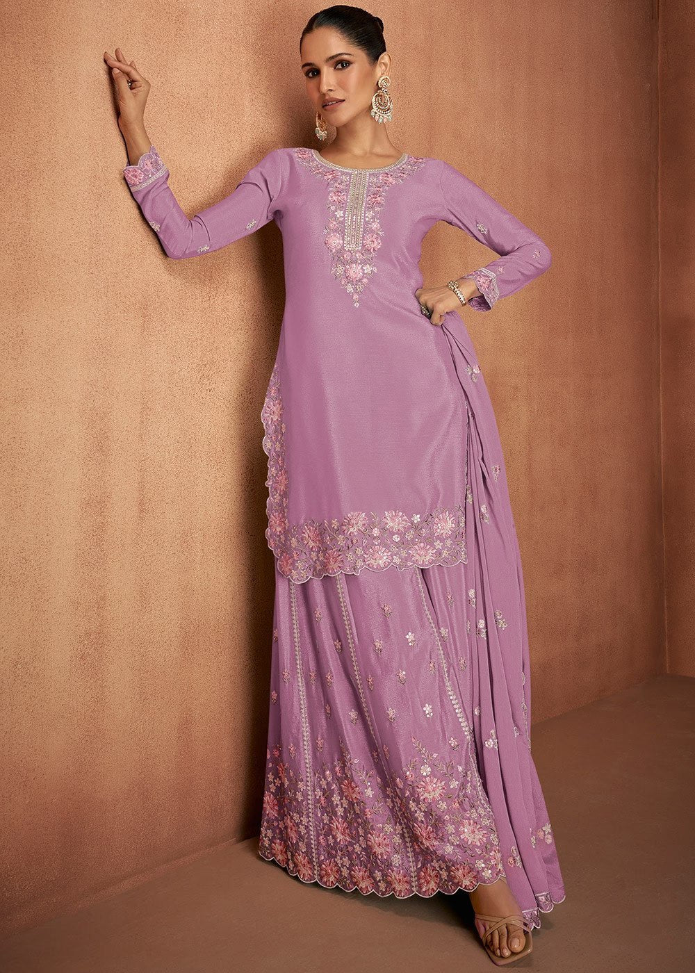 Light Pink Chinon Embroidered Kurta Palazzo Set