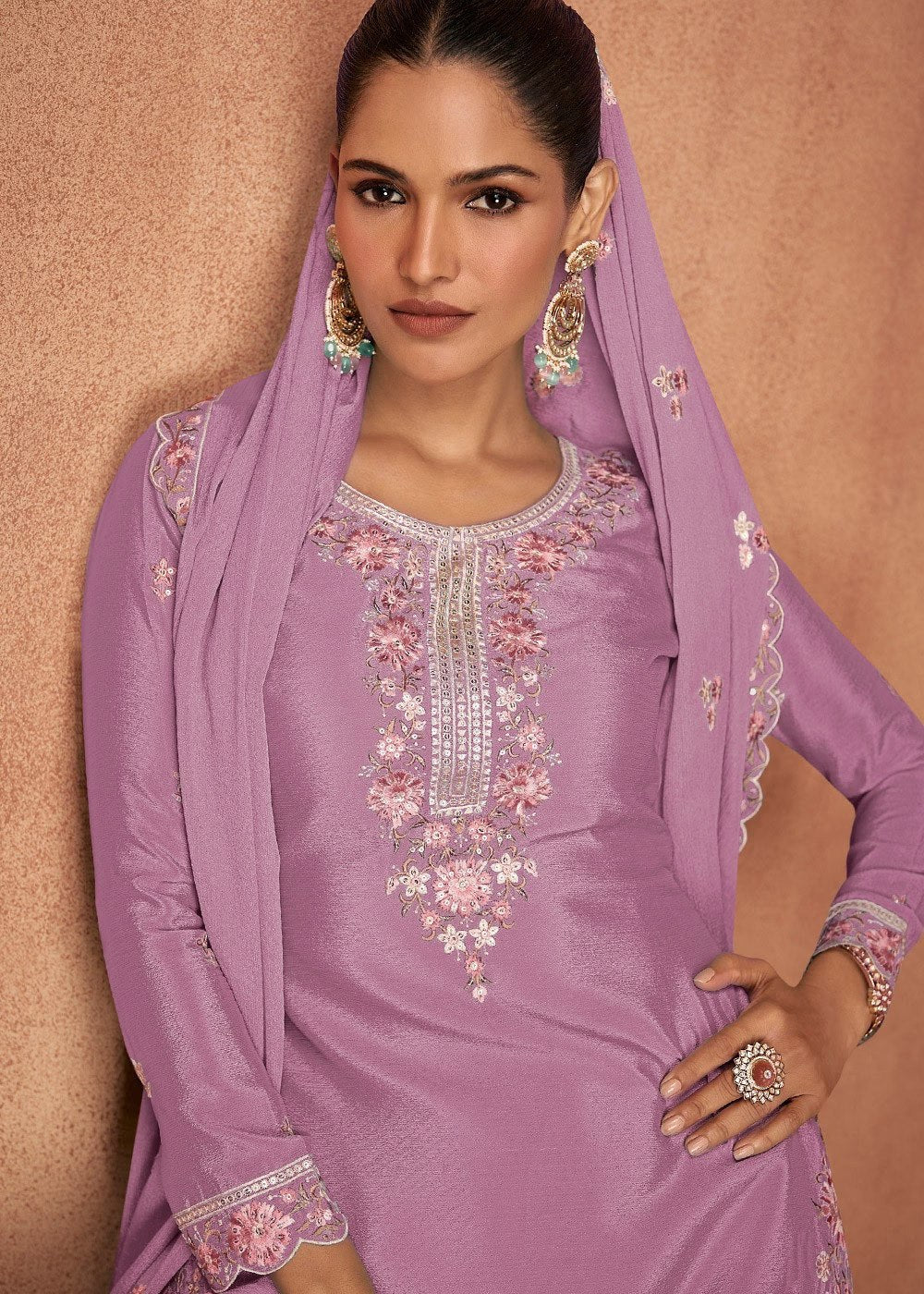 Light Pink Chinon Embroidered Kurta Palazzo Set