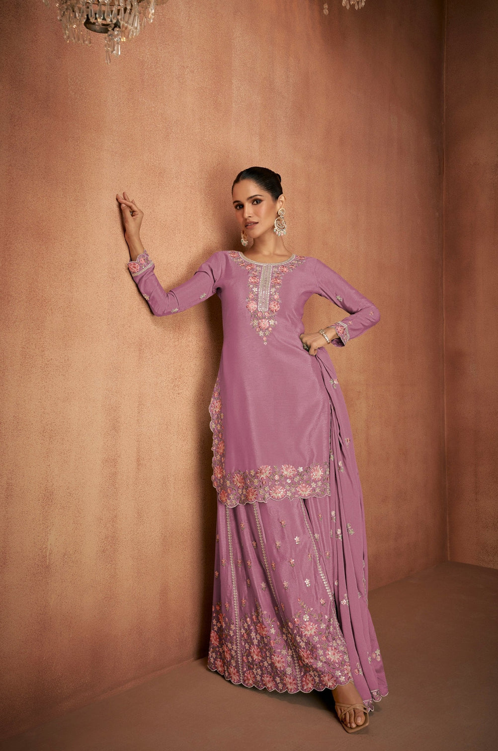 Light Pink Chinon Embroidered Kurta Palazzo Set