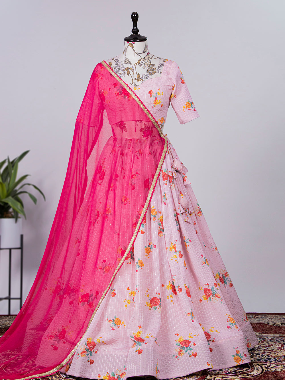 Light Pink Color Crochet Sequins Embroidery Work Chinon Lehenga Choli