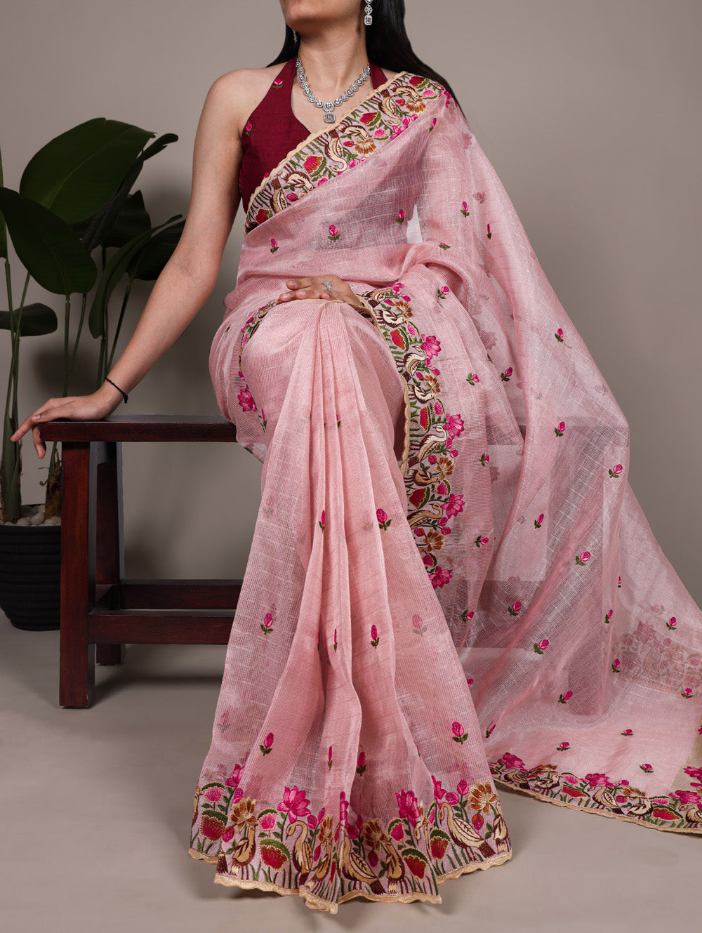 Light pink zari kota tissue saree with floral thread embroidery and banglory blouse fabric