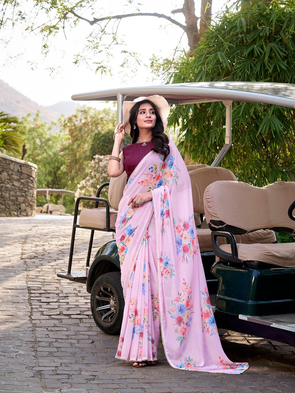 Light pink floral printed weightless marbal saree with pearl lace border