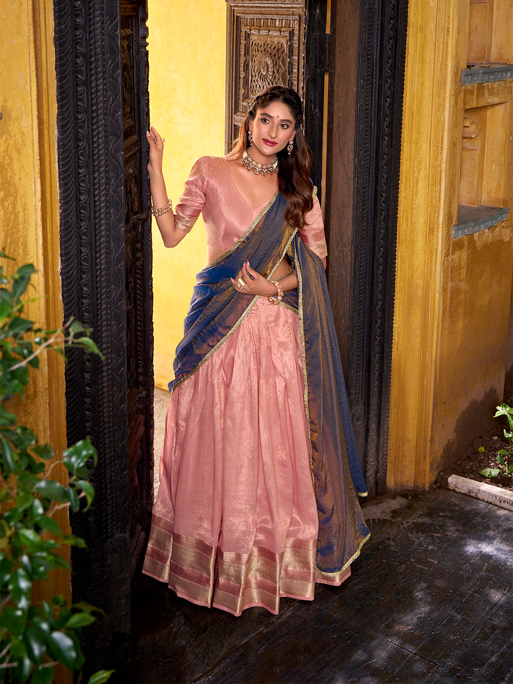 Light pink dupion silk lehenga choli with zari weaving border shimmer dupatta