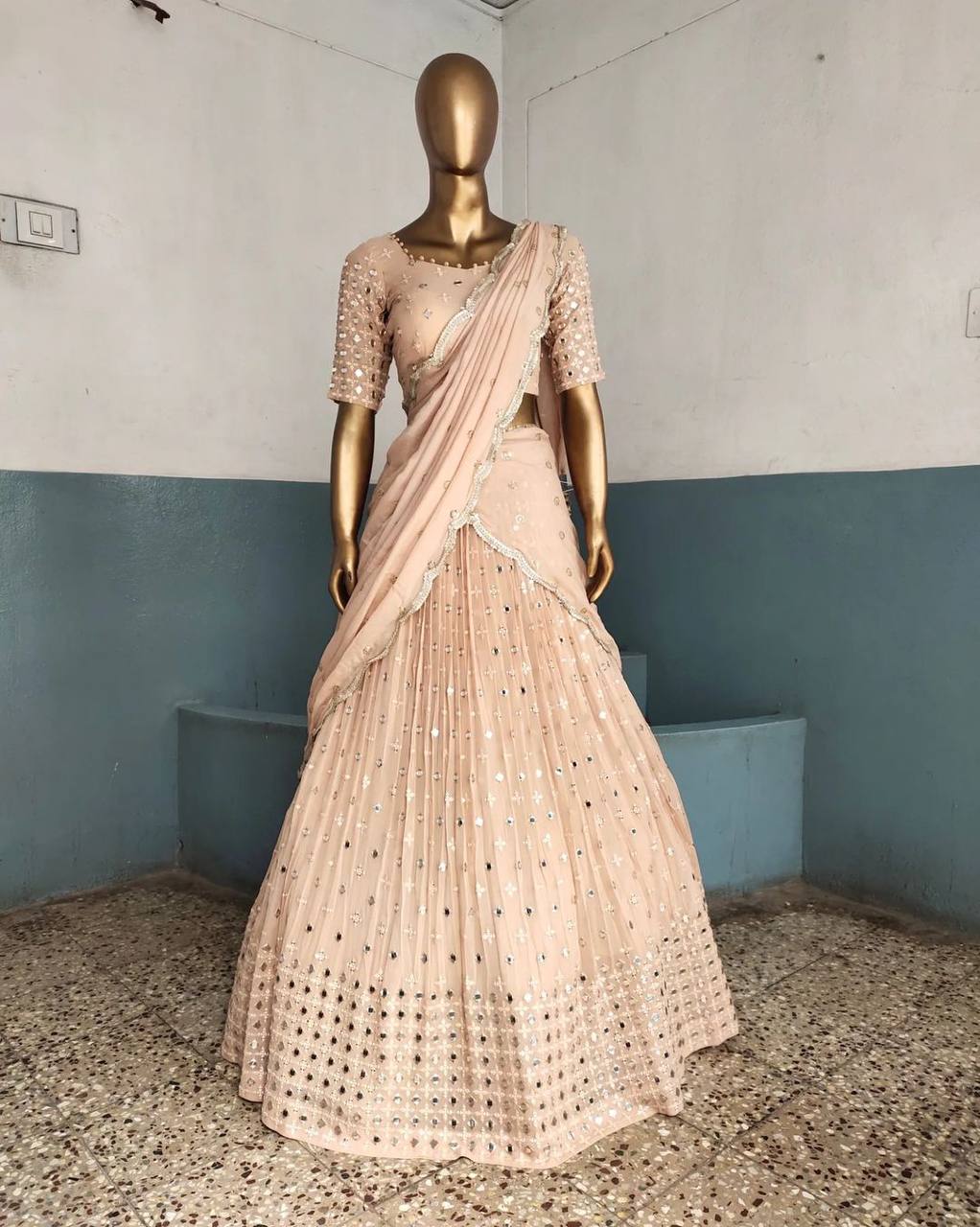 Light Pink Designer Faux Georgette Semi-Stitched Lehenga Set with 9mm Sequin Embroidery & Cutwork Dupatta