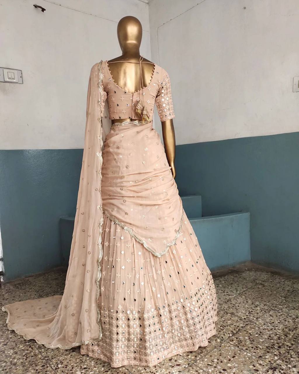 Light Pink Designer Faux Georgette Semi-Stitched Lehenga Set with 9mm Sequin Embroidery & Cutwork Dupatta