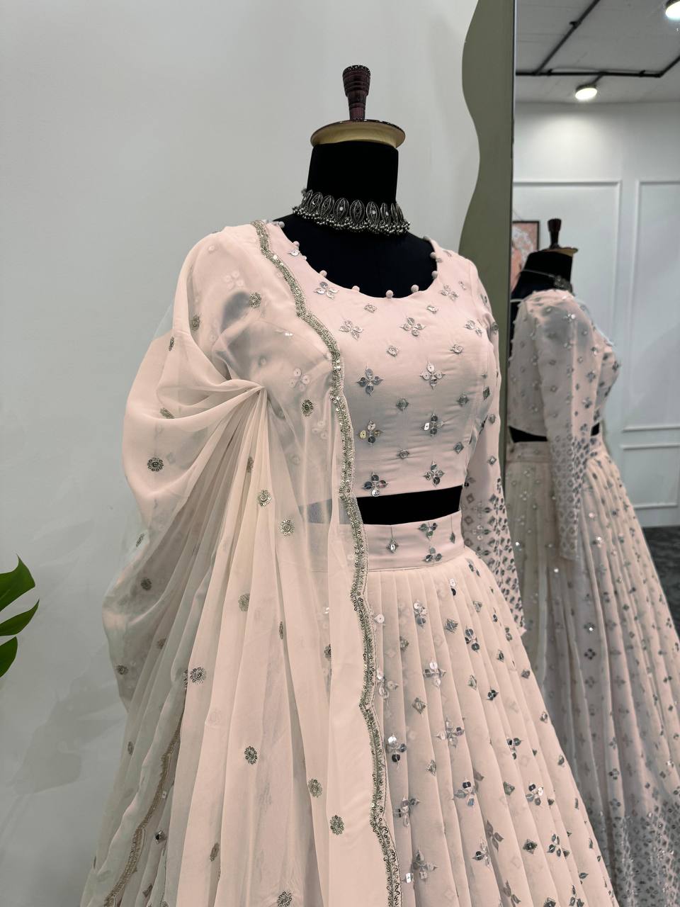 Light Pink Designer Faux Georgette Semi-Stitched Lehenga Set with 9mm Sequin Embroidery & Cutwork Dupatta