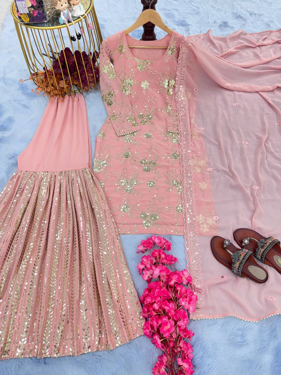 Light Pink Elegant Designer Party Wear Top, Plazzo & Dupatta Set –with Embroidery & Sequence Work