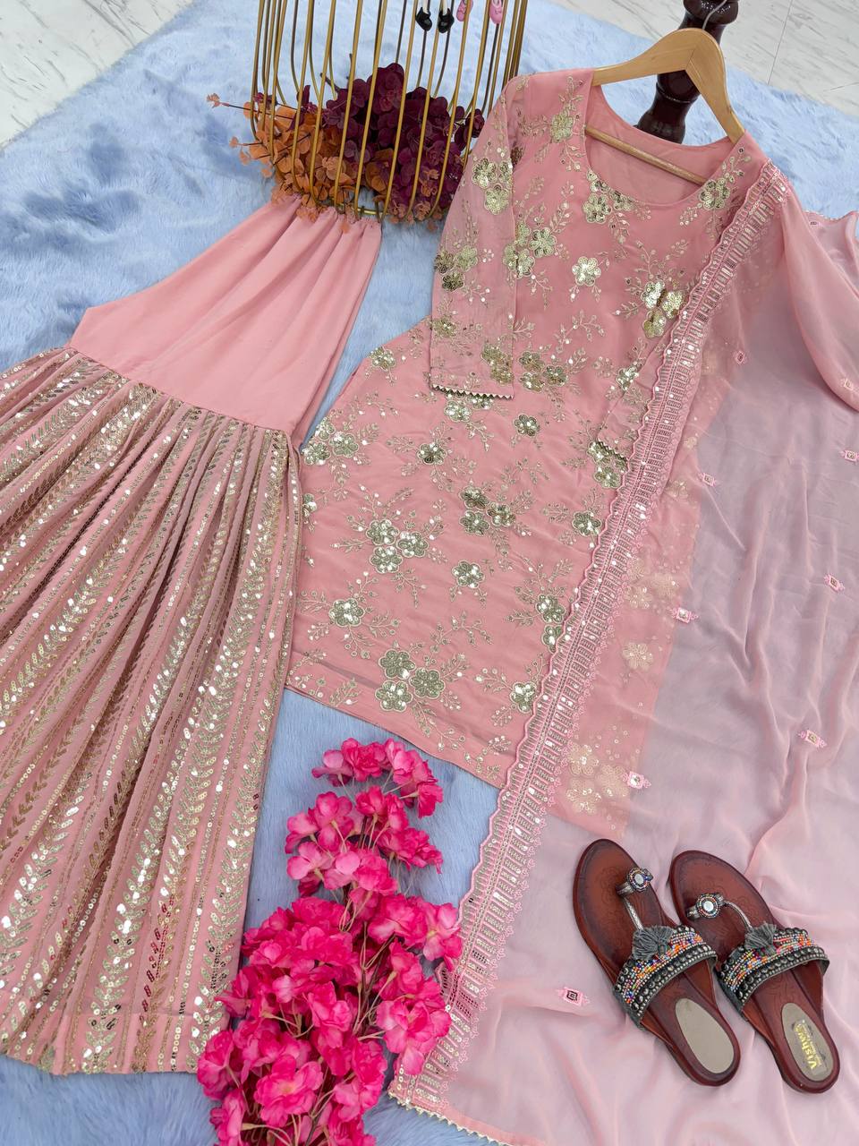 Light Pink Elegant Designer Party Wear Top, Plazzo & Dupatta Set –with Embroidery & Sequence Work