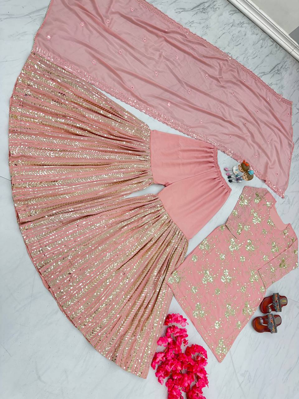 Light Pink Elegant Designer Party Wear Top, Plazzo & Dupatta Set –with Embroidery & Sequence Work